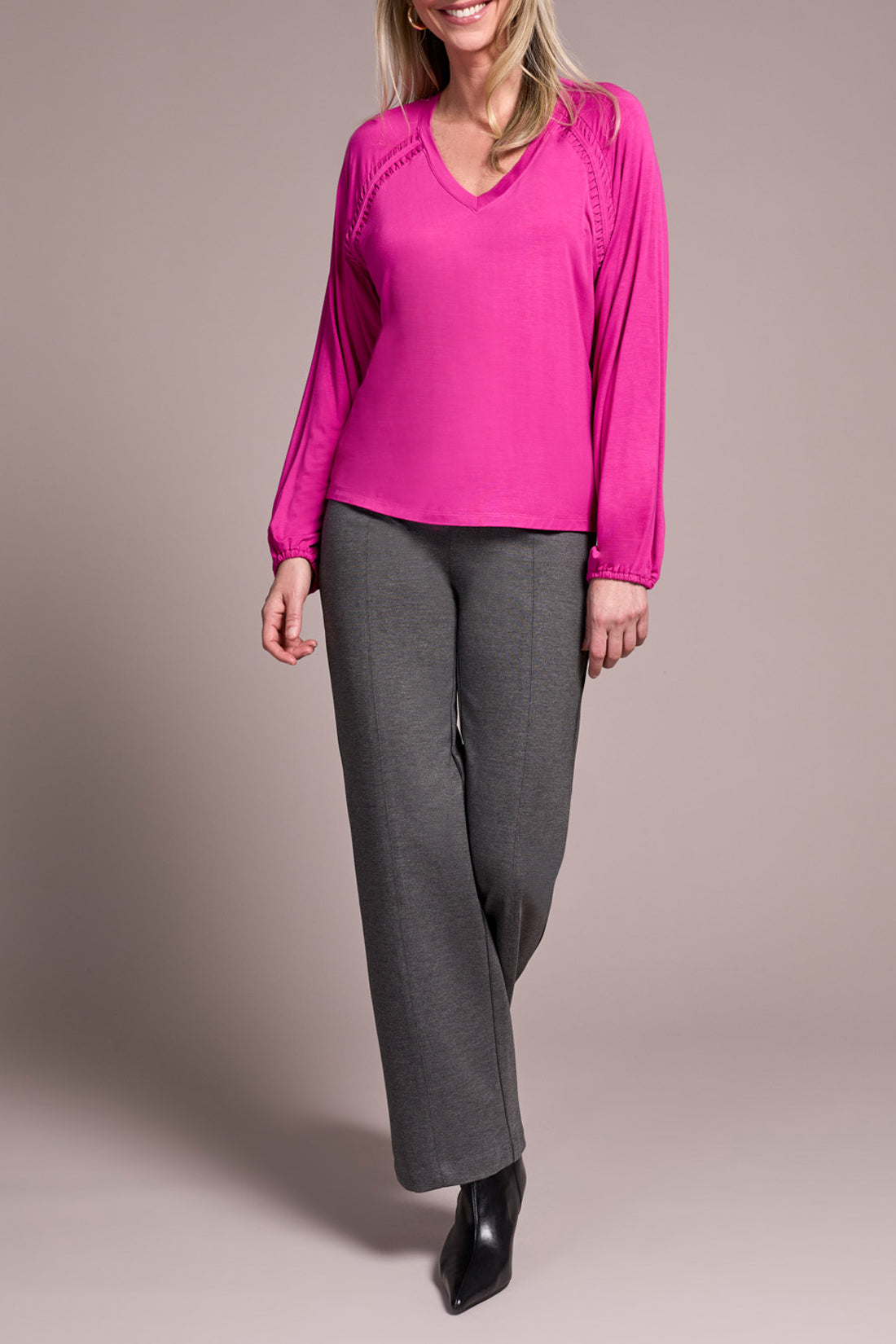 TRIBAL LONG SLEEVE V-NECK TOP - PINK