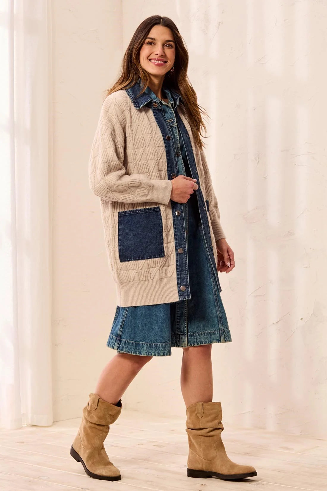TRIBAL CABLE KNIT COATIGAN WITH DENIM PATCH POCKETS