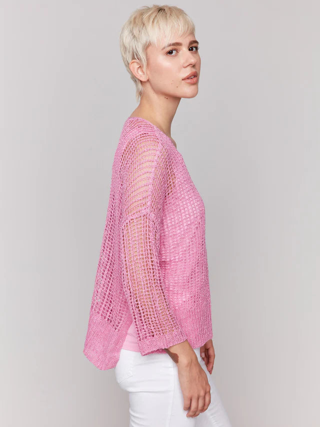 CHARLIE B FISHNET CROCHET SWEATER - BEGONIA