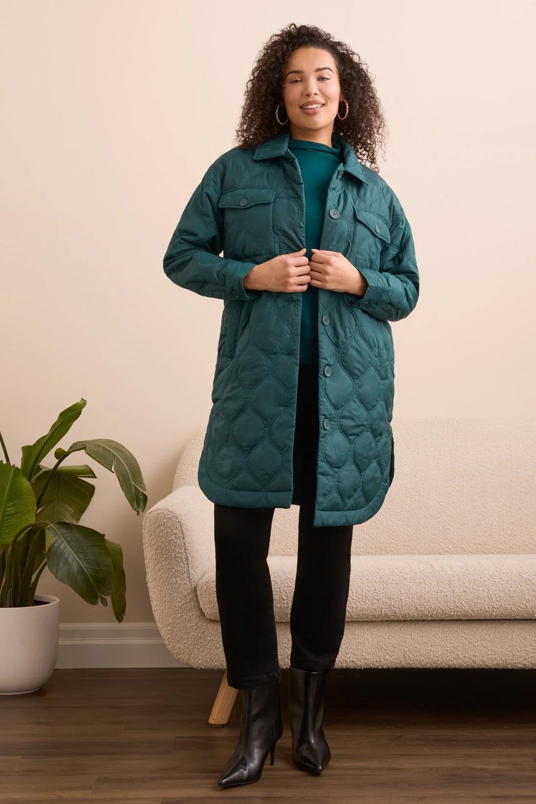 TRIBAL LONG QUILTED JACKET - OPAL GREEN