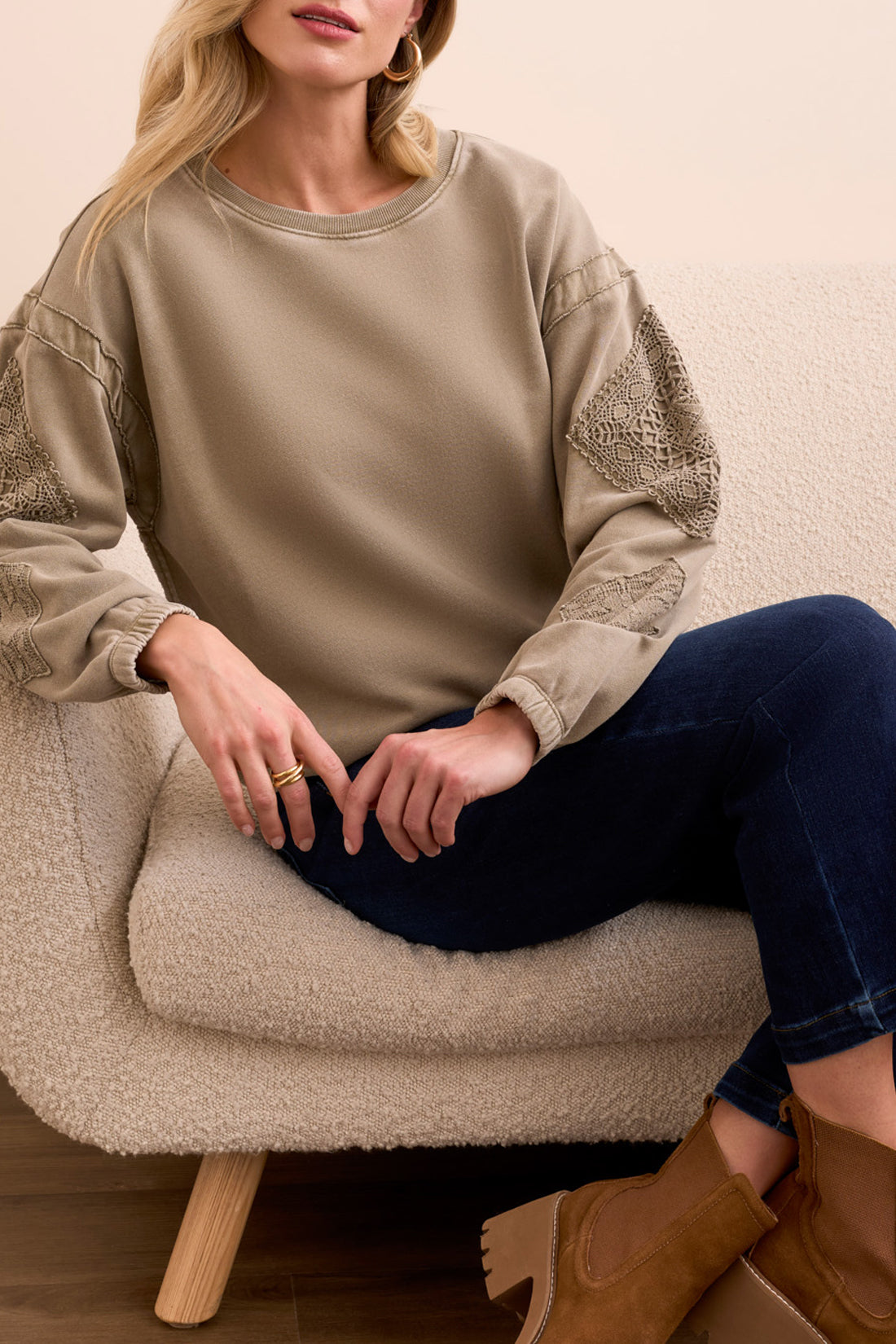 TRIBAL CREW NECK SLEEVE DETAIL PULLOVER - OLIVE LEAF