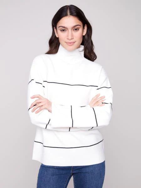 CHARLIE B YARN DYED STRIPED FUNNEL NECK SWEATER - ECRU