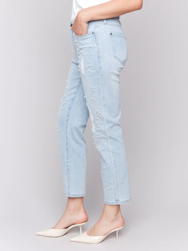 CHARLIE B PEARL APPLIQUE SLIM LEG JEAN - LIGHT BLUE
