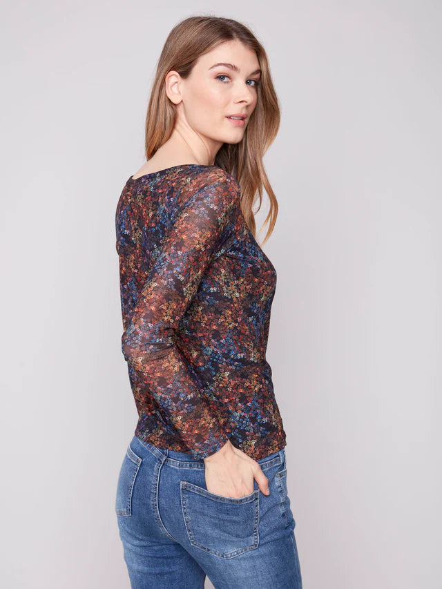 CHARLIE B PRINTED MESH TOP WITH GATHERING AT SIDES