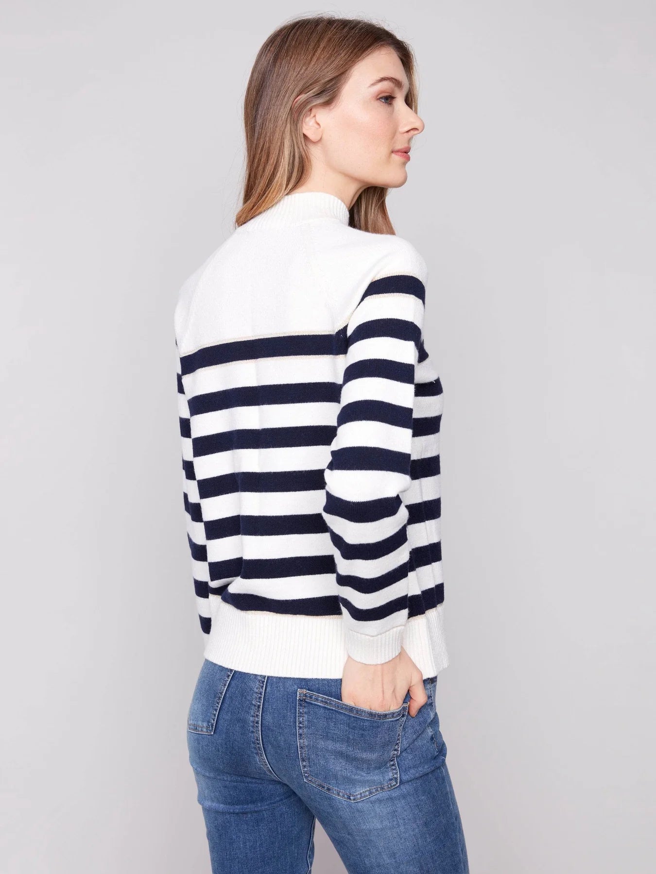 CHARLIE B MOCK NECK STRIPED SWEATER
