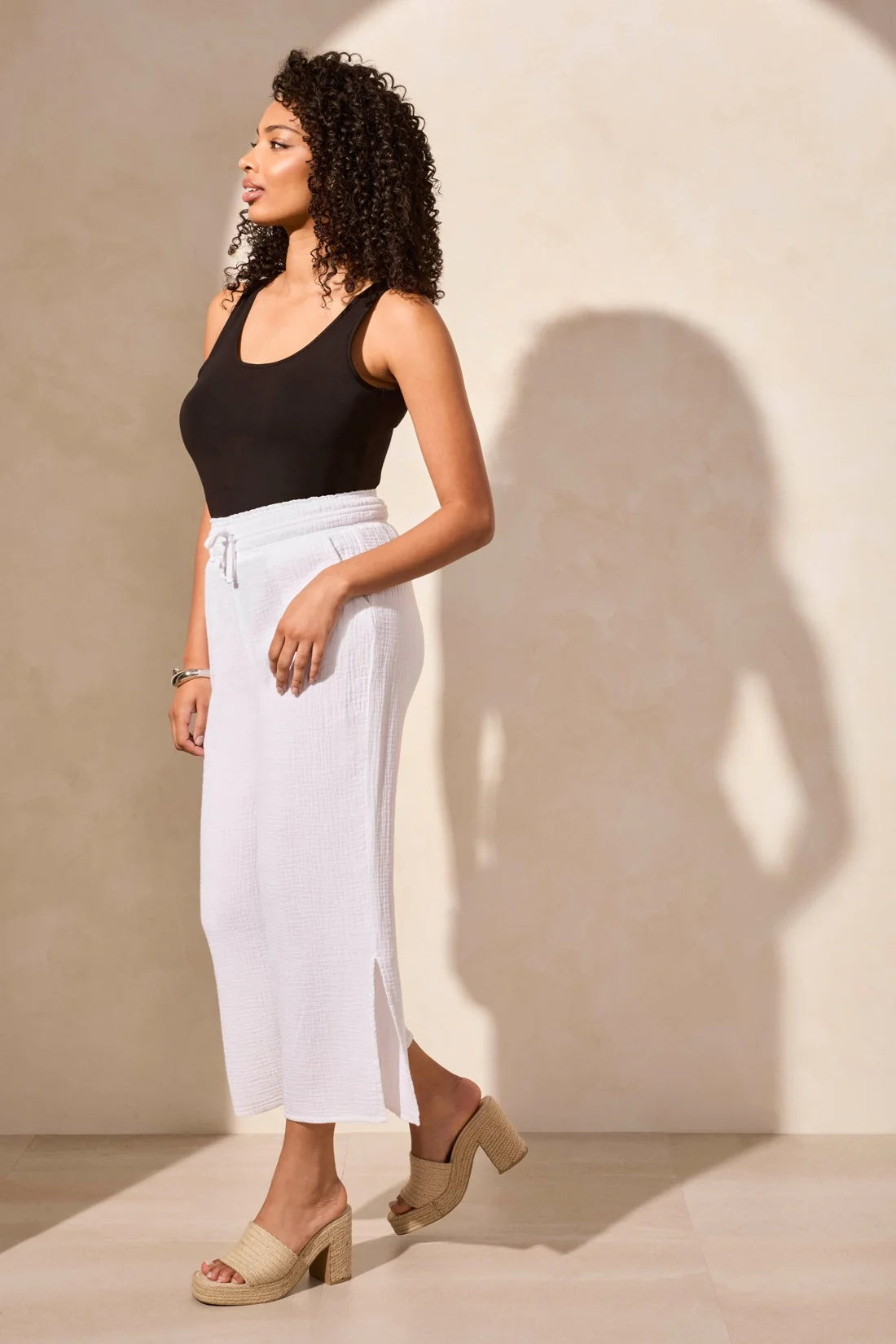 TRIBAL COTTON GAUZE WEAR ME 2 WAYS WIDE LEG PANT WITH SIDE SLIT - WHITE