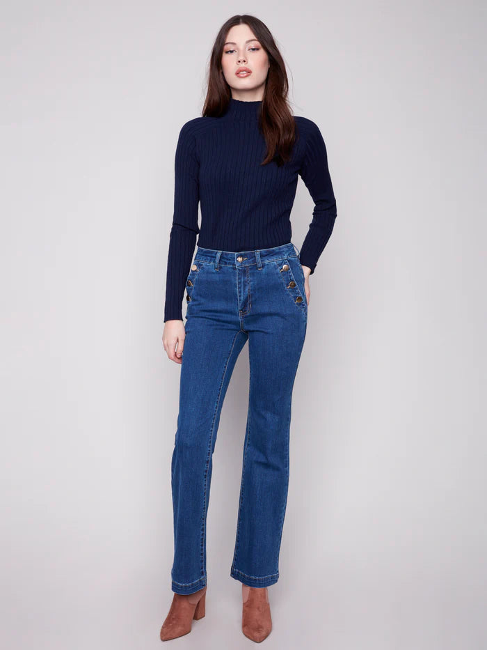 CHARLIE B FLARE LEG DENIM WITH BUTTONS AT SIDE POCKETS