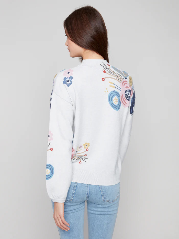 CHARLIE B MOCK NECK SWEATER WITH PLACED PRINT - LIGHT GREY