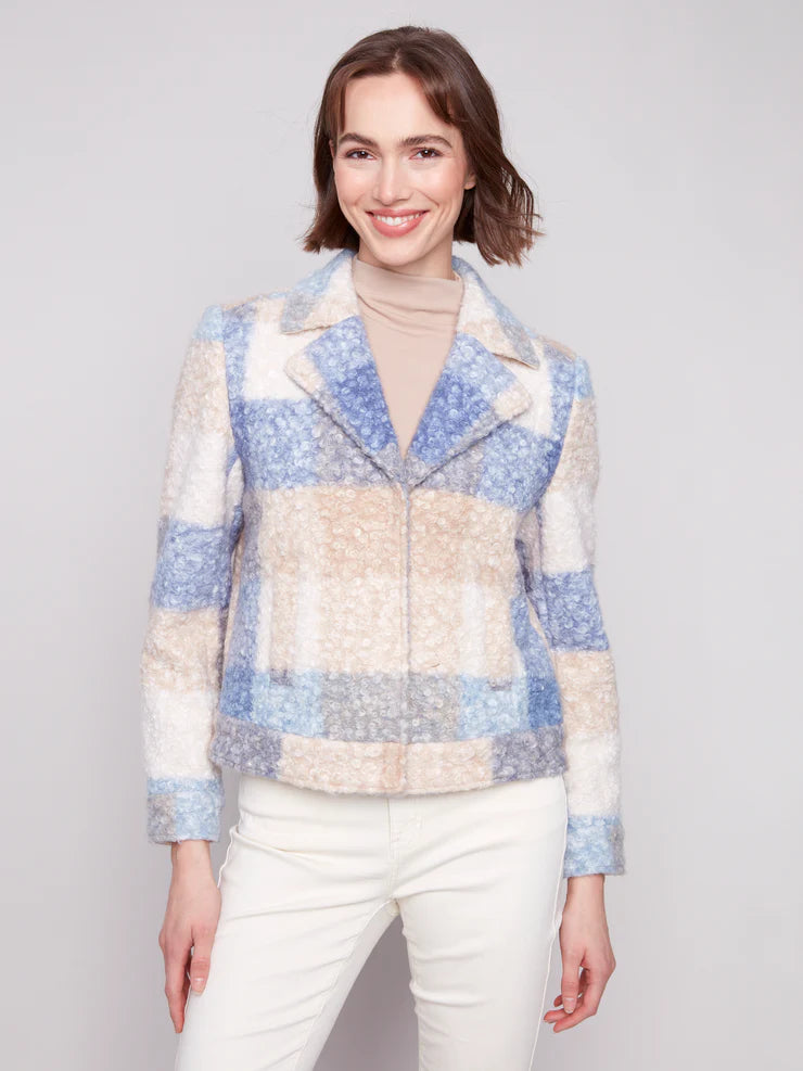 CHARLIE B PLAID BOUCLE KNIT SHORT COAT - OXFORD