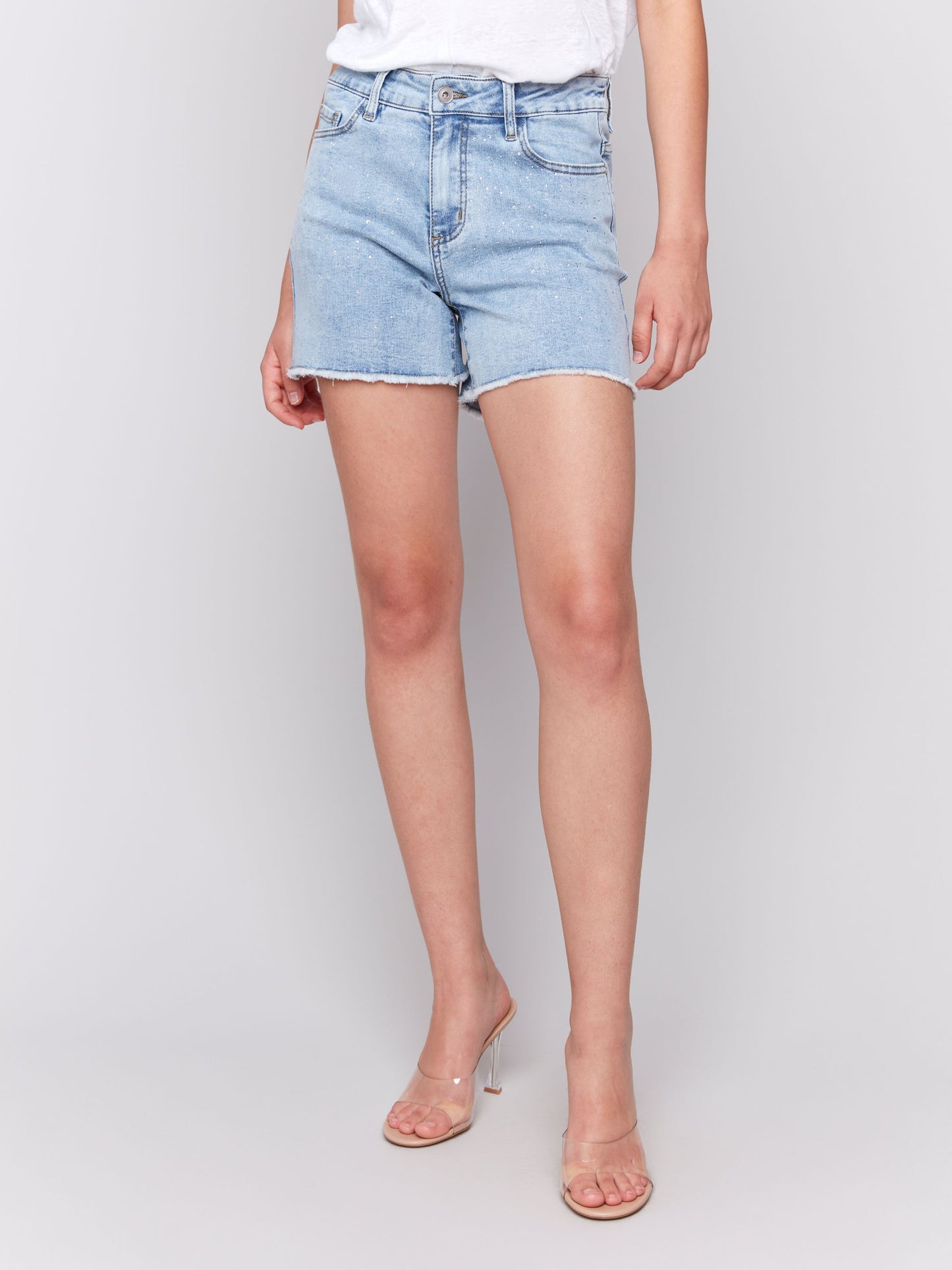 CHARLIE B ALL OVER RHINESTONE FRONT DENIM SHORT - LIGHT BLUE