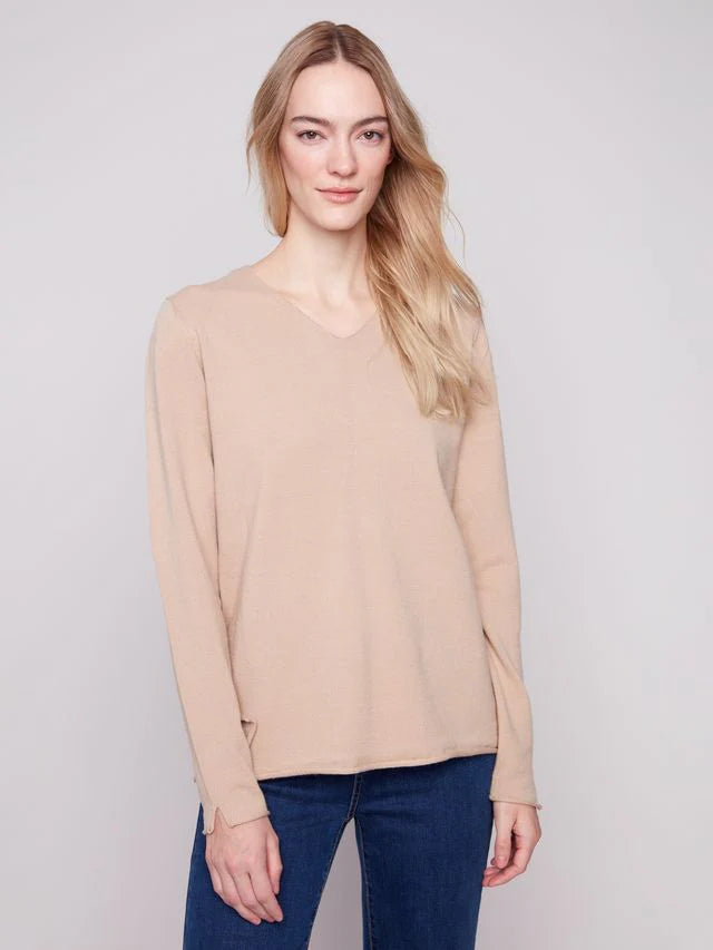 CHARLIE B LONG SLEEVE V-NECK SWEATER - SESAME