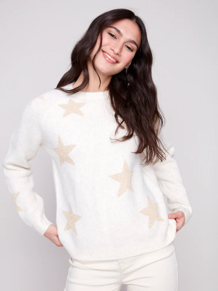 CHARLIE B STAR JAQUARD LUREX CREW NECK SWEATER