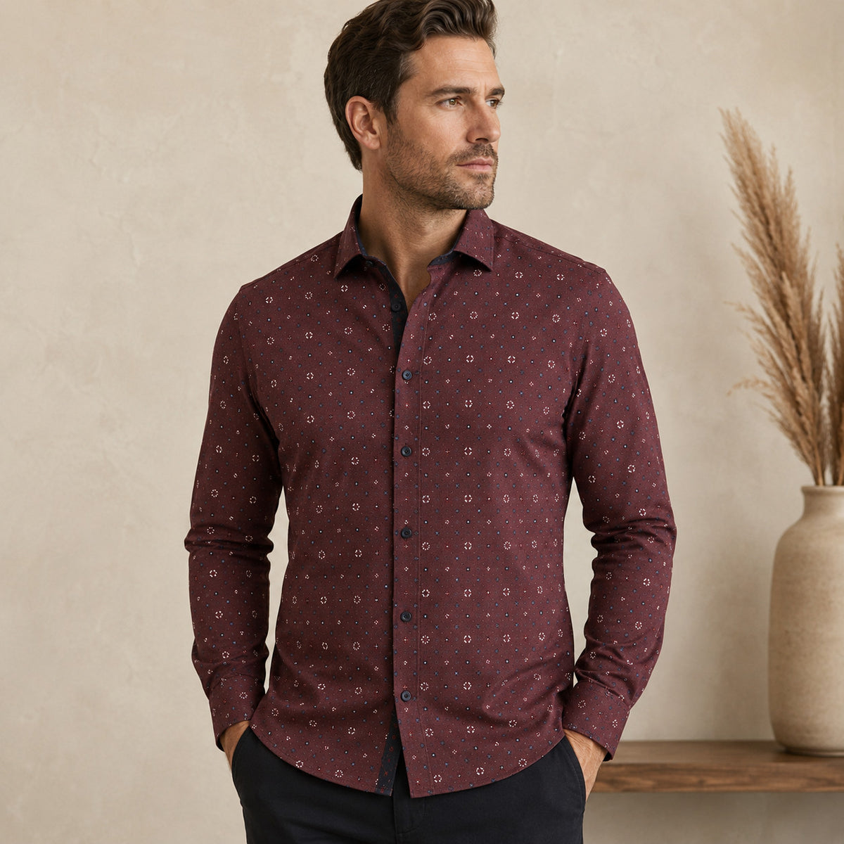 MEN'S POINT ZERO POLY/COTTON PRINT SHIRT - BORDO MIX - Vi-Leen's Fashions