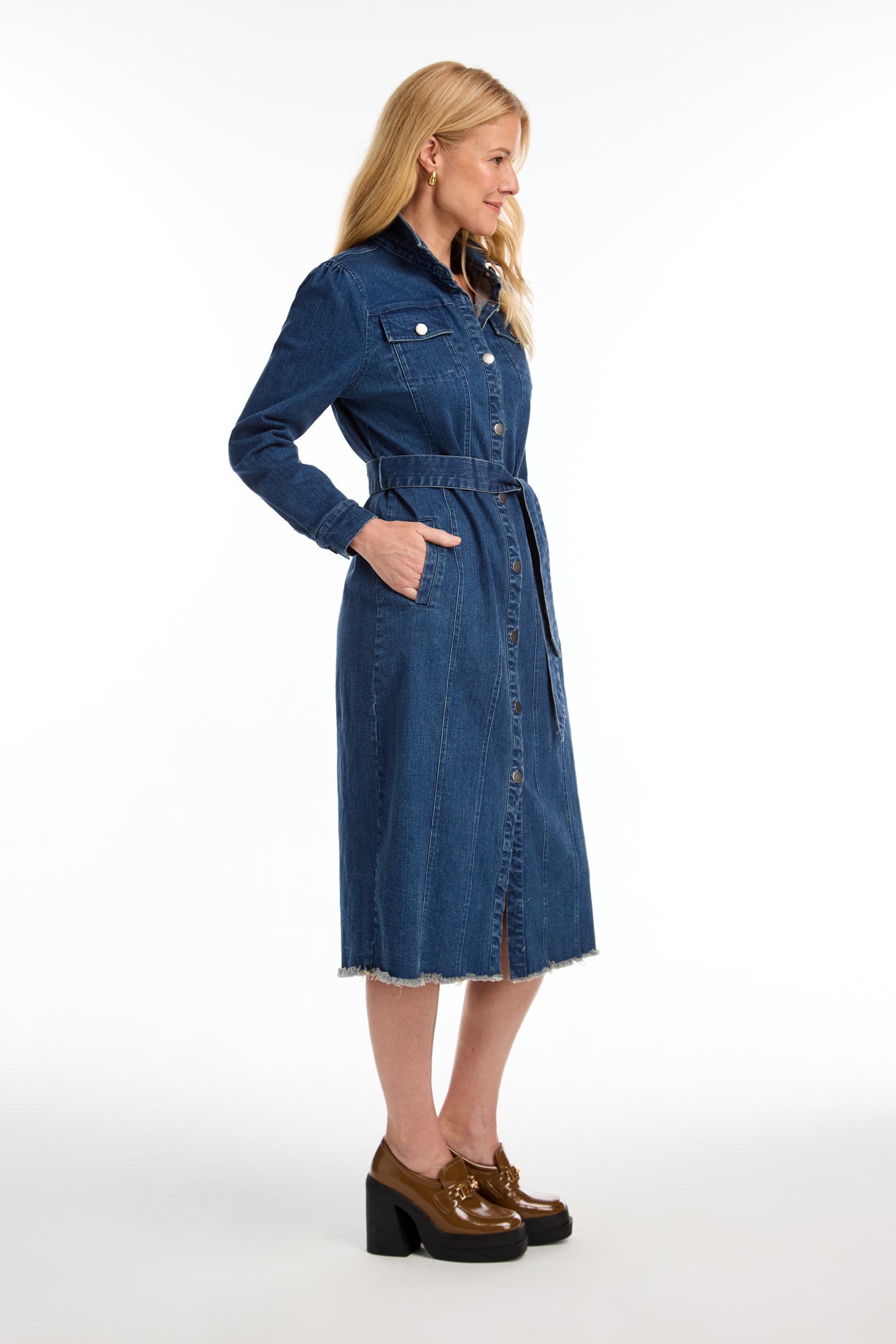 FDJ DENIM DUSTER/MIDI DRESS WITH BELT - MED WASH - Vi-Leen's Fashions
