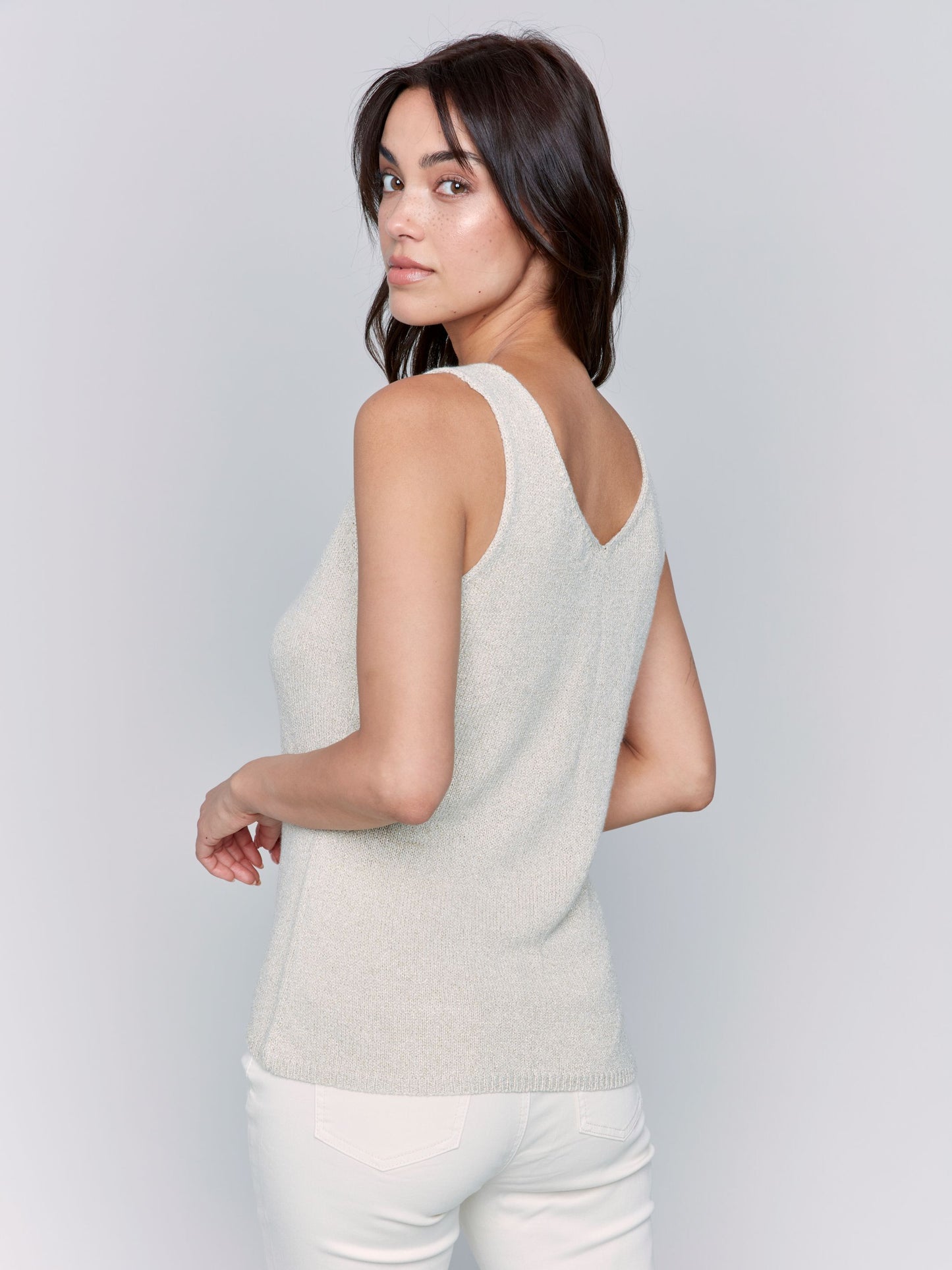 CHARLIE B V-NECK KNIT CAMI WITH LUREX THREAD - GOLD