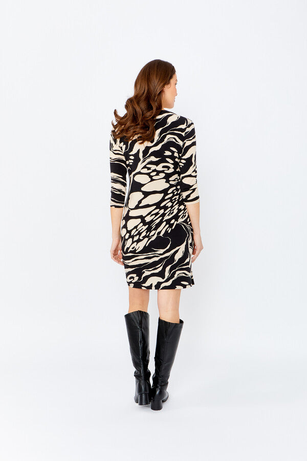 FRANK LYMAN 3/4 SLEEVE PRINT DRESS - BLACK/BEIGE - Vi-Leen's Fashions