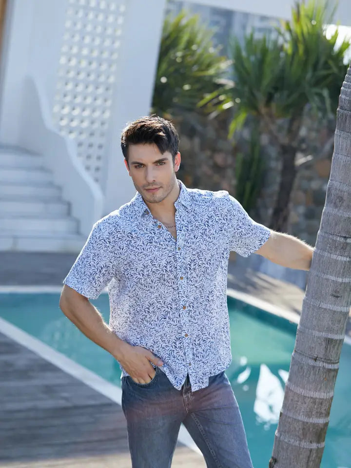 MEN'S BIARRITZ PRINTED COTTON SHIRT - BLUE/WHITE