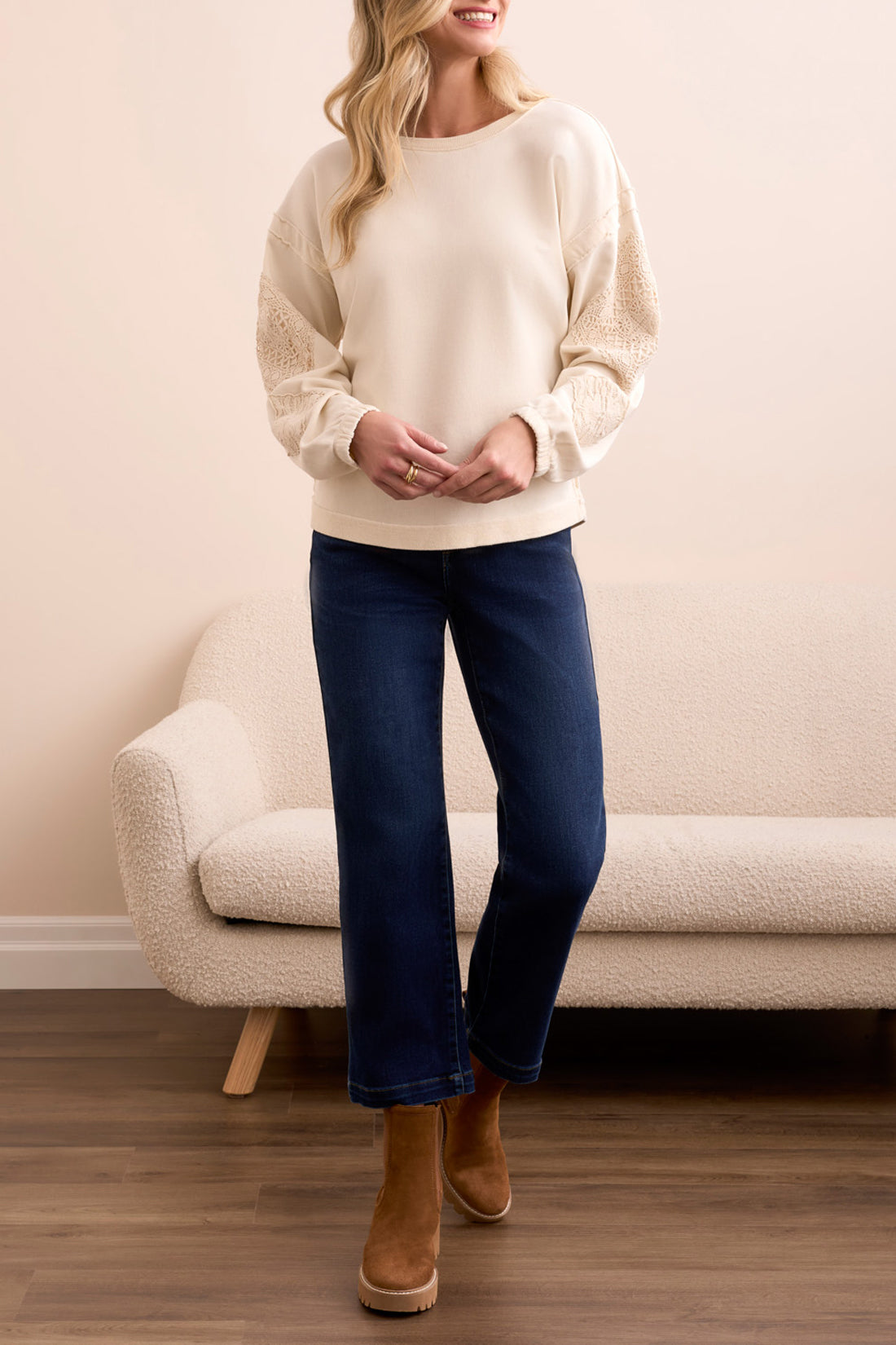 TRIBAL CREW NECK SLEEVE DETAIL PULLOVER - CREAM