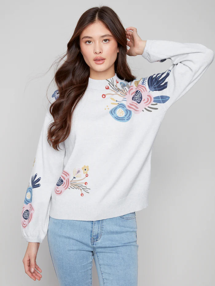 CHARLIE B MOCK NECK SWEATER WITH PLACED PRINT - LIGHT GREY