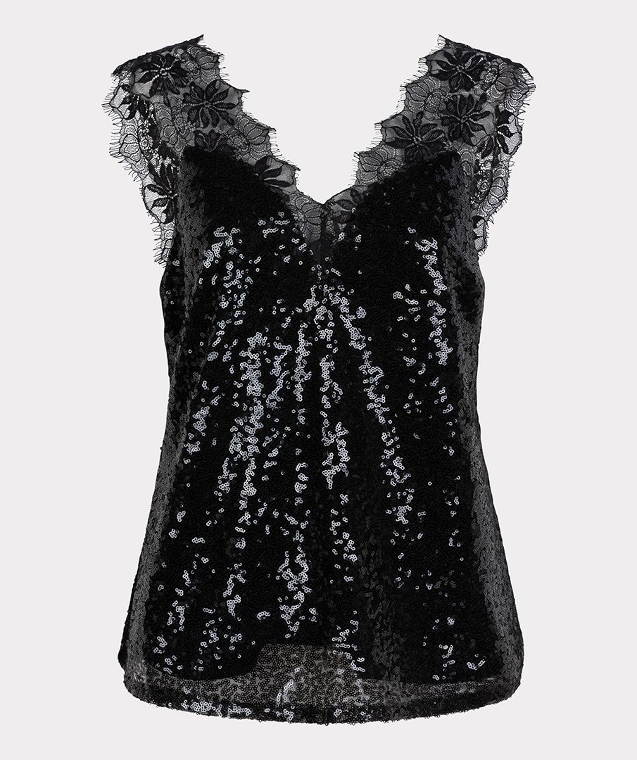 ESQUALO SEQUINS TOP WITH LACE STRAPS - BLACK - Vi-Leen's Fashions
