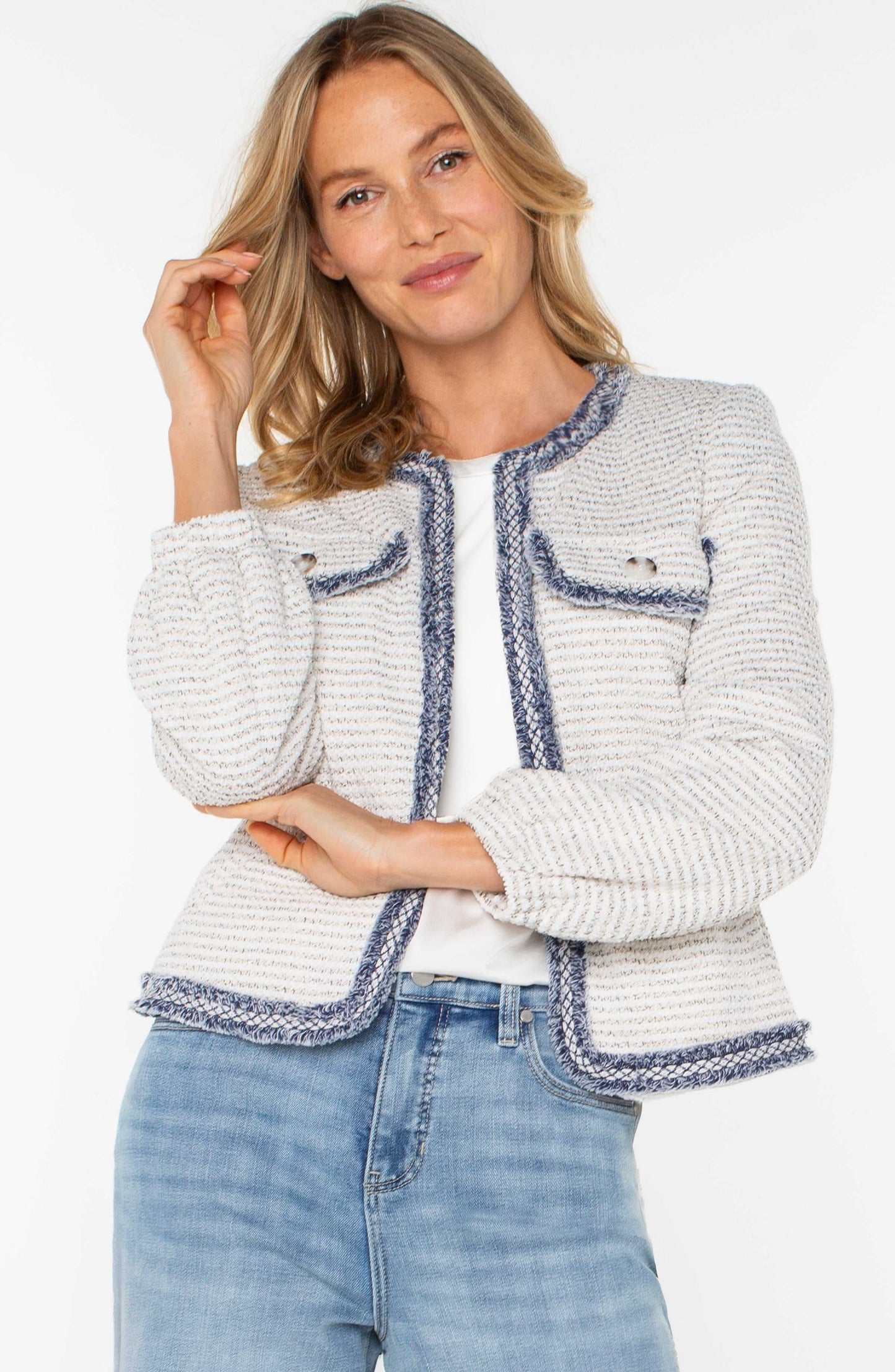 LIVERPOOL COLLARLESS JACKET WITH FRAY DETAILS