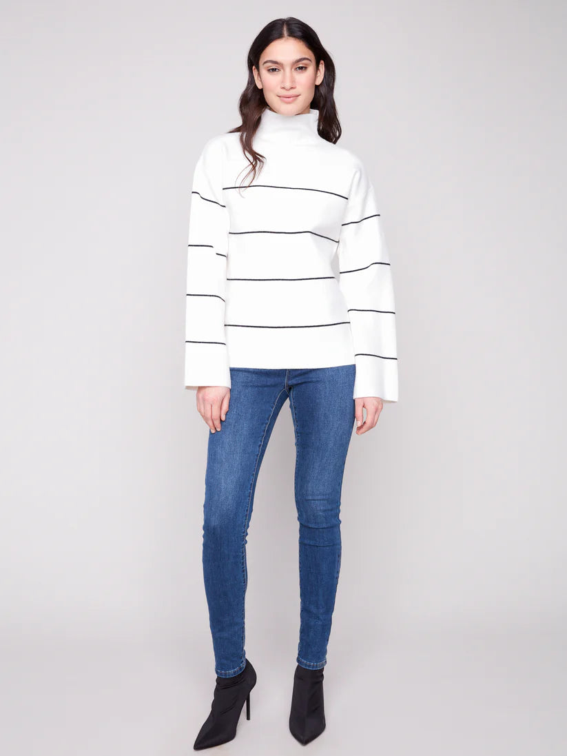 CHARLIE B YARN DYED STRIPED FUNNEL NECK SWEATER - ECRU