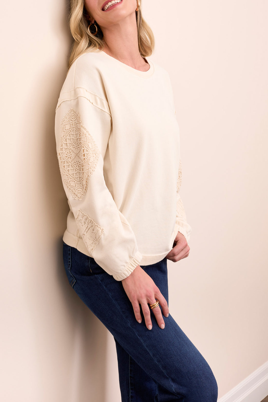 TRIBAL CREW NECK SLEEVE DETAIL PULLOVER - CREAM