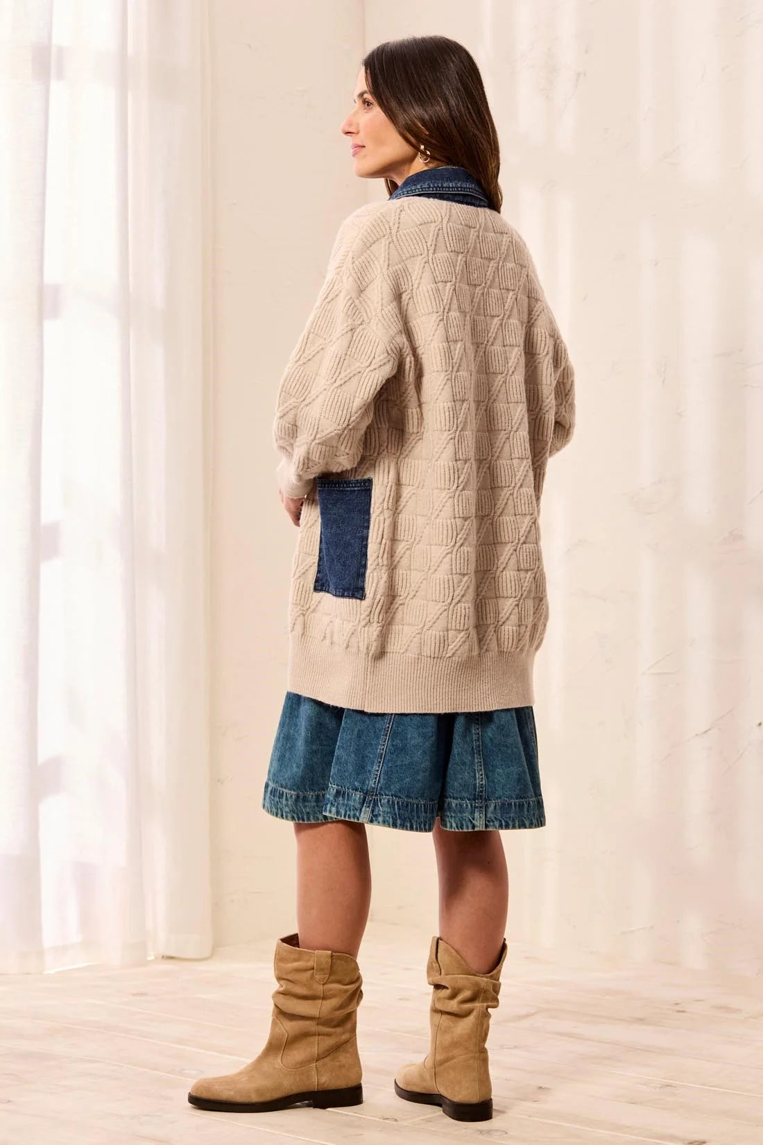 TRIBAL CABLE KNIT COATIGAN WITH DENIM PATCH POCKETS