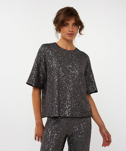 ESQUALO ALL OVER SEQUINS TOP - GREY