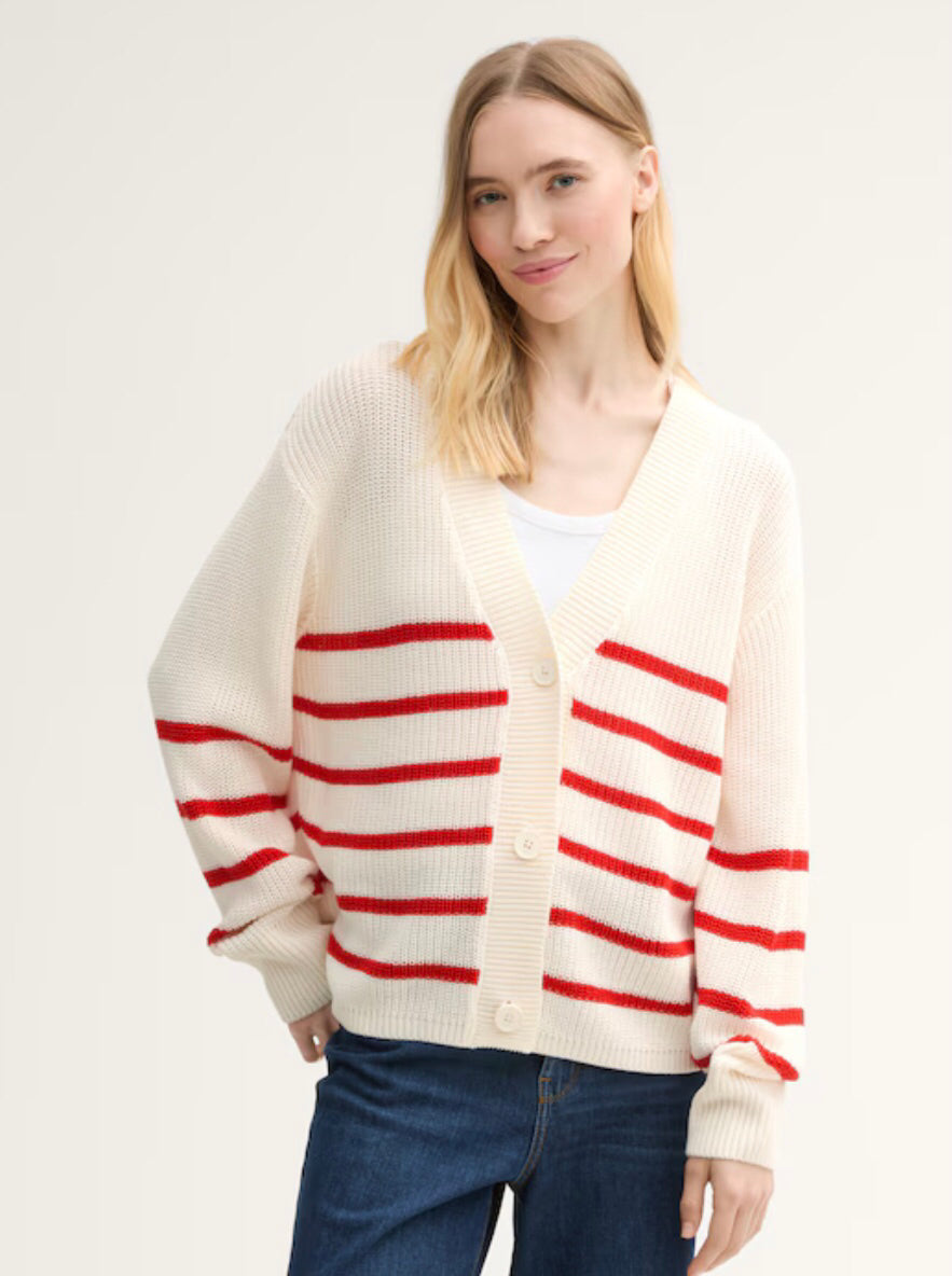 TOM TAILOR V-NECK CARDIGAN - RED/CREAM