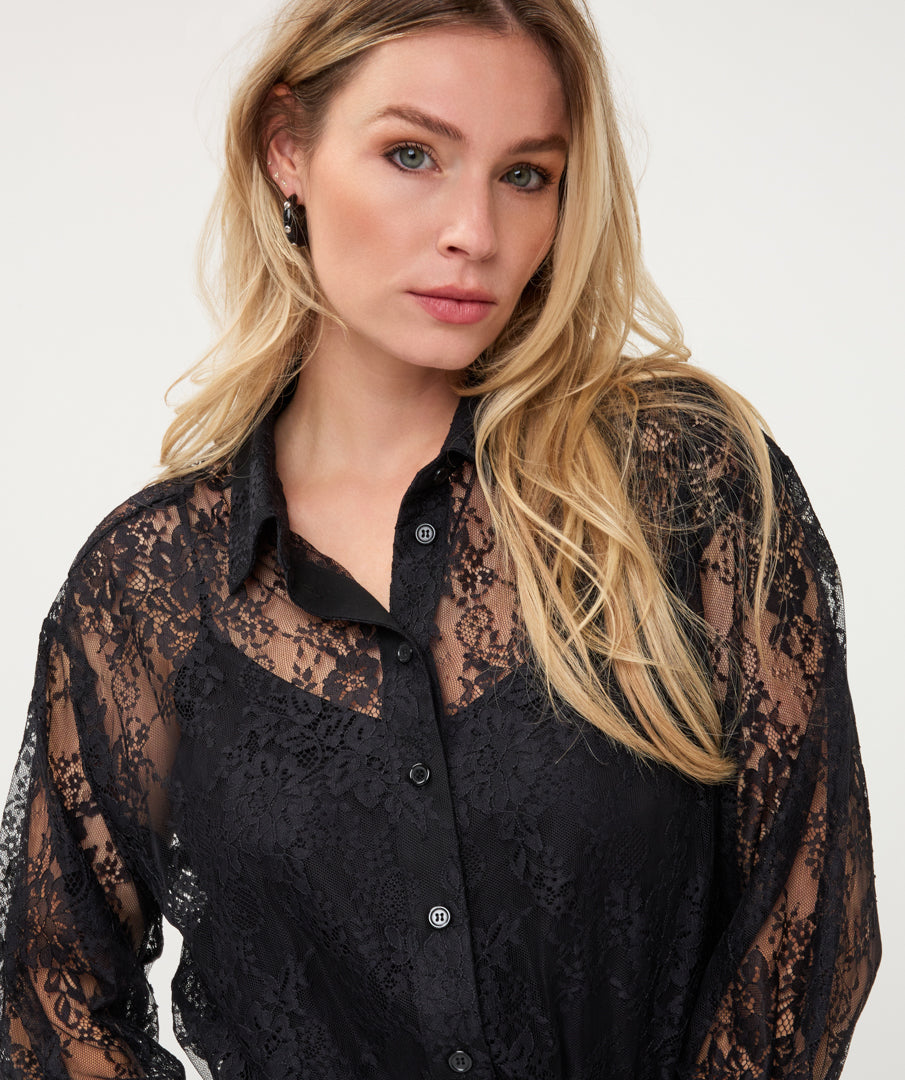 ESQUALO LACE BLOUSE WITH ATTACHED CAMI - BLACK - Vi-Leen's Fashions