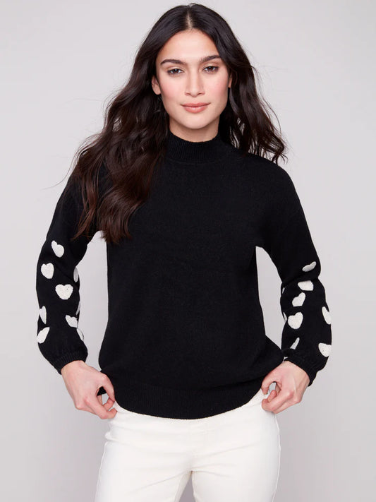 CHARLIE B MOCK NECK SWEATER WITH EMBROIDERY - BLACK