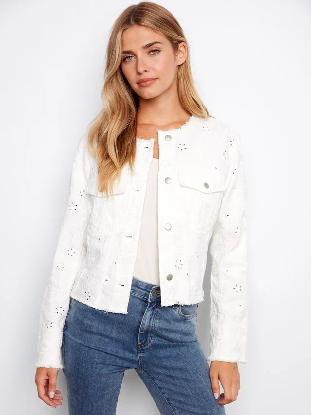 CHARLIE B EYELET DENIM COLLARLESS JACKET - WHITE