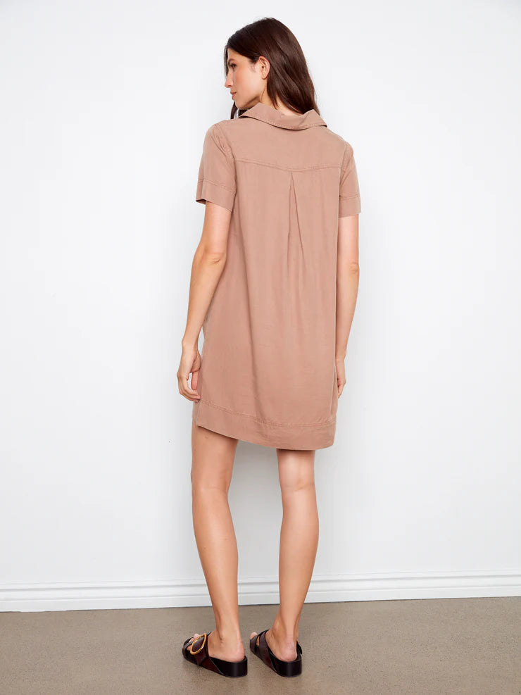 CHARLIE B COLLARED TENCEL DRESS WITH PATCH POCKETS - DESERT - Vi-Leen's Fashions