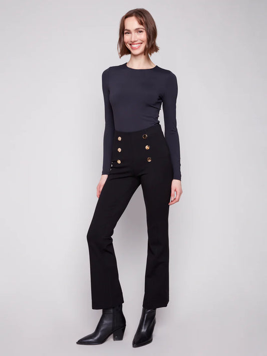 CHARLIE B PULL ON FLARE LEG PANT WITH BUTTON FRONT - BLACK
