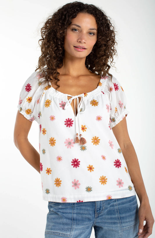 LIVERPOOL EMBROIDERED TIE NECK TOP - MULTI FLOWER - Vi-Leen's Fashions