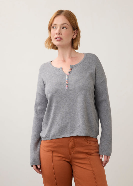 FDJ NOTCH NECK RIB SLEEVE SWEATER - STORM GREY - Vi-Leen's Fashions