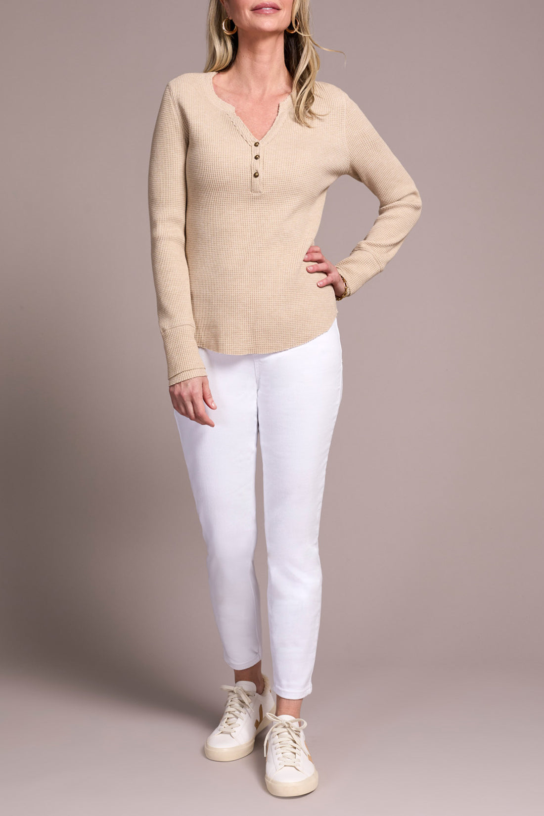 TRIBAL LONG SLEEVE HENLEY TOP - OATMEAL