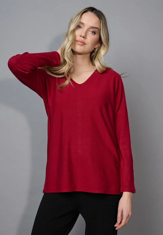 PICADILLY V-NECK BUTTON BACK SWEATER - SANGRIA