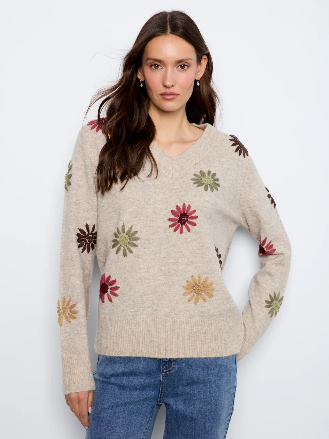 CHARLIE B EMBROIDERED V-NECK SWEATER - NATURAL - Vi-Leen's Fashions