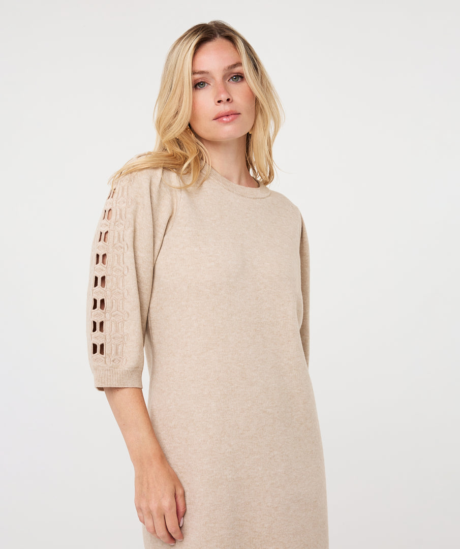 ESQUALO KNIT DRESS WITH EMBROIDERED SLEEVE - BISCUIT