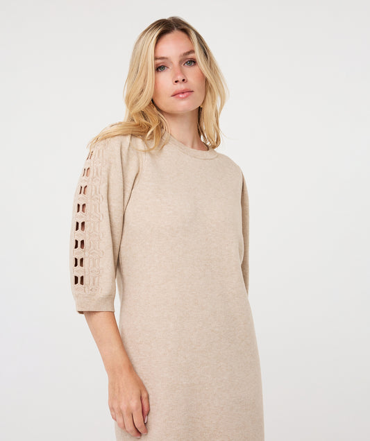 ESQUALO KNIT DRESS WITH EMBROIDERED SLEEVE - BISCUIT