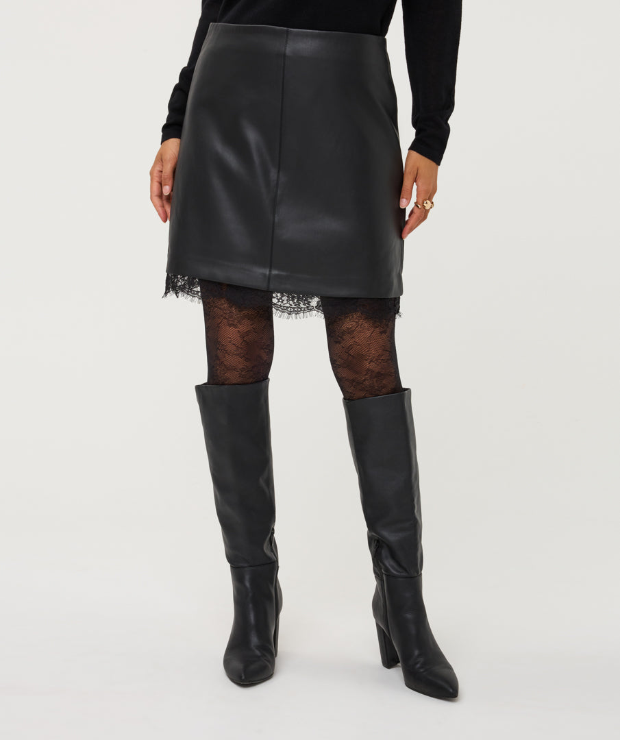 ESQUALO FAUX LEATHER SKIRT WITH LACE BOTTOM - BLACK - Vi-Leen's Fashions