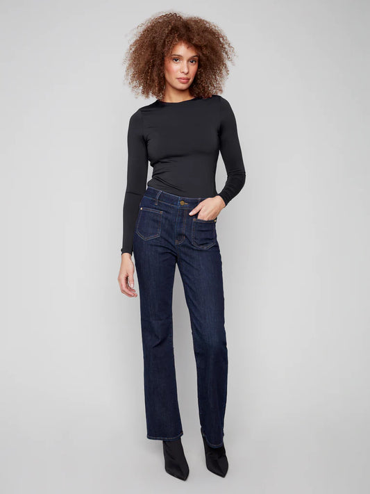 CHARLIE B FLARE LEG JEAN WITH PATCH POCKETS - DEEP BLUE