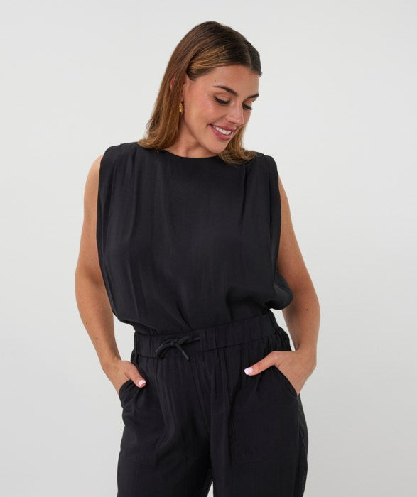 ESQUALO PINTUCK SHOULDER TOP - BLACK - Vi-Leen's Fashions