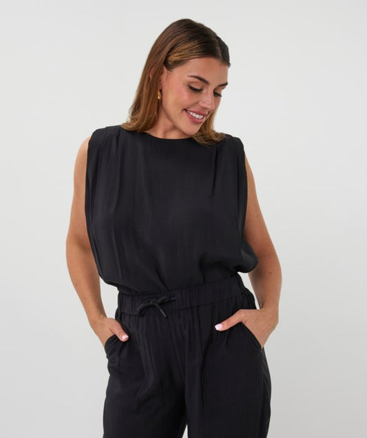 ESQUALO PINTUCK SHOULDER TOP - BLACK - Vi-Leen's Fashions