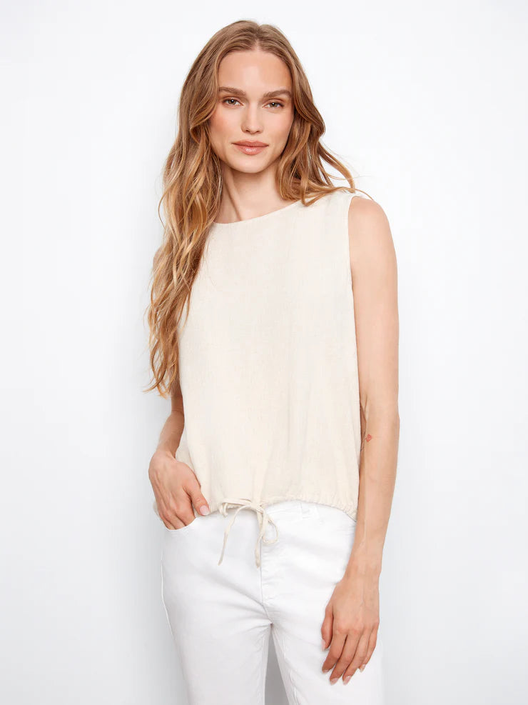 CHARLIE B SLEEVELESS TOP WITH DRAWCORD HEM - NATURAL - Vi-Leen's Fashions