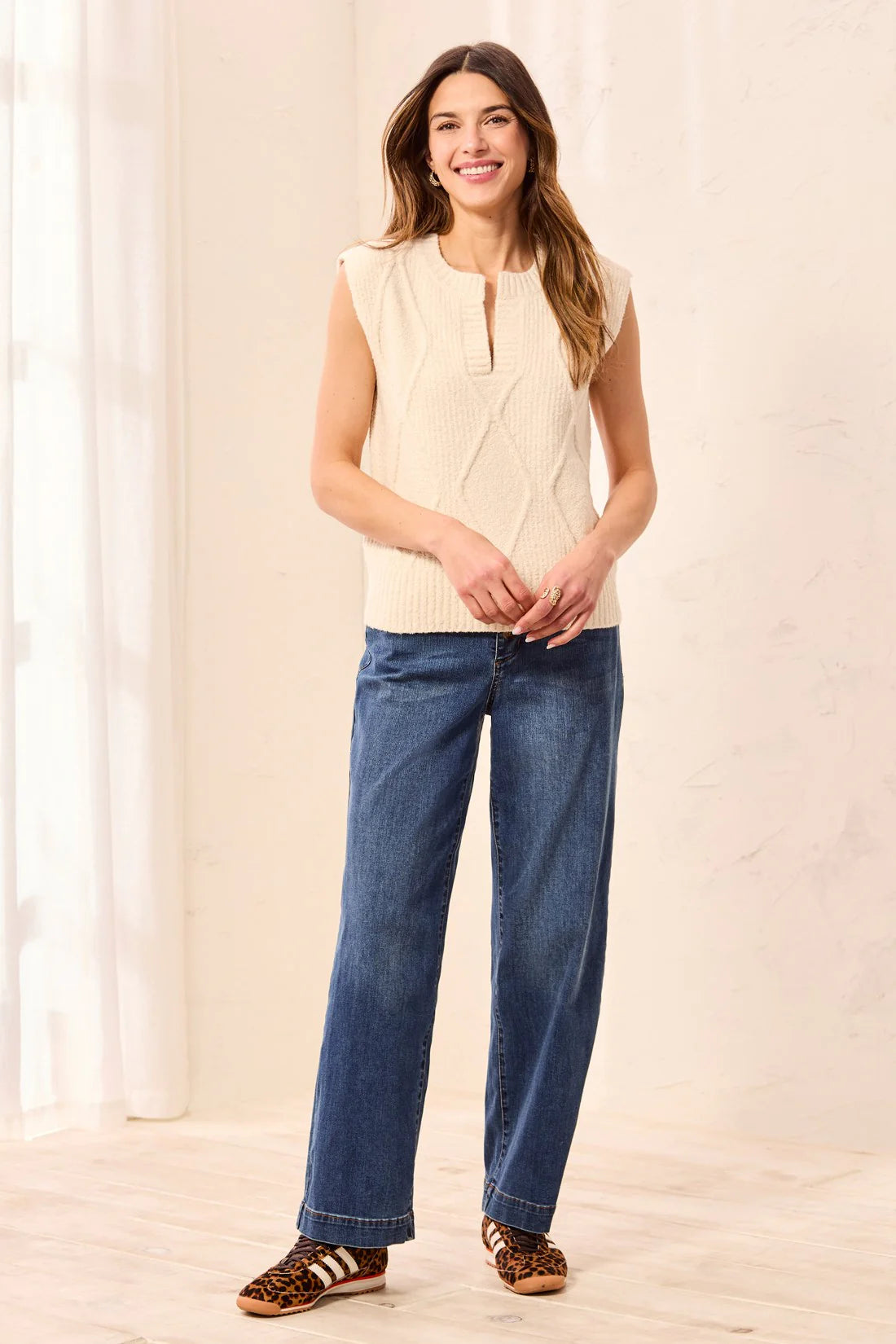 TRIBAL SPLIT NECK SWEATER VEST - CREAM