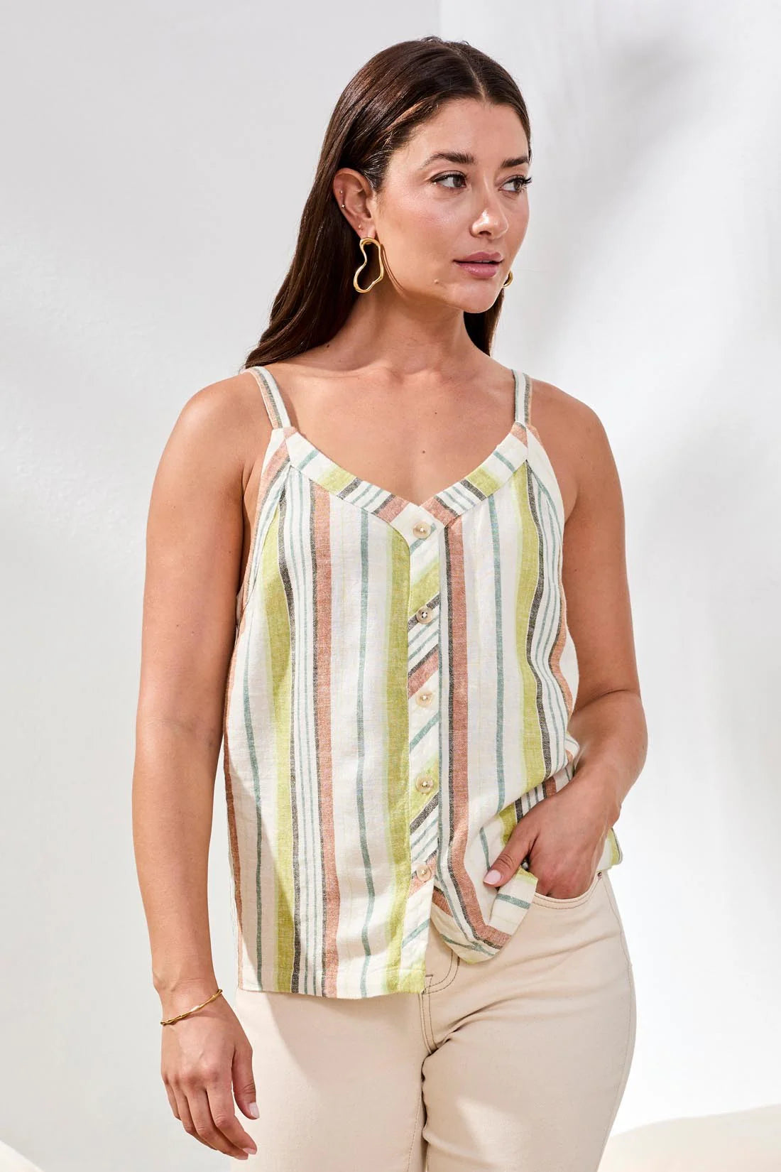 TRIBAL BUTTON FRONT WOVEN CAMI - KIWI ZEST - Vi-Leen's Fashions