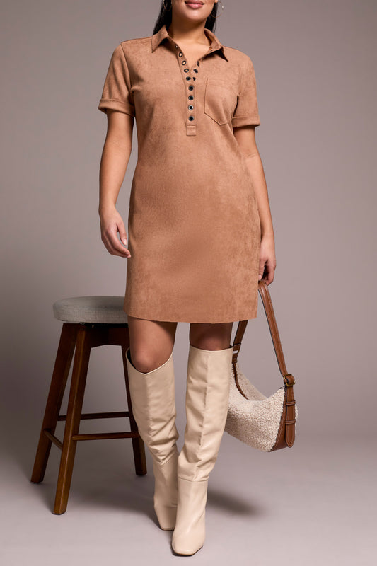 TRIBAL SHORT SLEEVE SUEDE DRESS - ALMOND LATTE